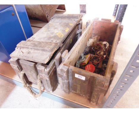 Two old wooden ammunition boxes and contents 