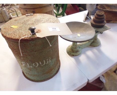 A set of kitchen scales and weights; and a tin flour bin