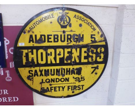 An Automobile Association Thorpeness circular enamel sign (Aldeburgh 5 miles, Saxmundham 7 miles, London 95 miles), approx. 3