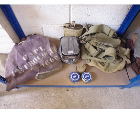 An old army kit bag, webbing, webbing cleaner, water bottle etc. 