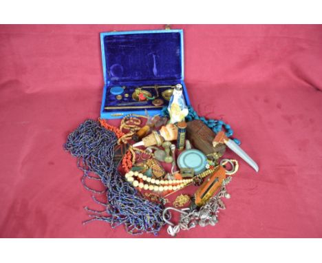 A box of scales, jewellery etc.