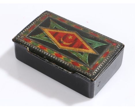 19th Century Turkish Ottoman papier mache snuff box, with the Star and Crescent to the centre, 8/5cm diameter 