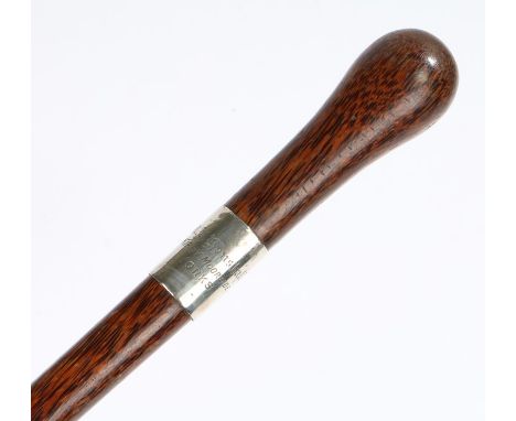 Victorian silver mounted palmwood walking stick, with a rounded top above a silver collar with the text W H Kenshall, Kirby M