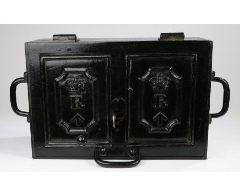 Early 19th century black painted cast iron Revenue military strong box, with Queen's crown mark, letter R &amp; military broa