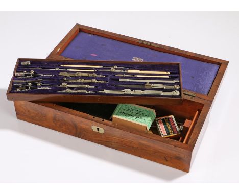 19th Century Watson &amp; Son drawing instrument set, the rectangular walnut box with a internal velvet fitted shelf with ins