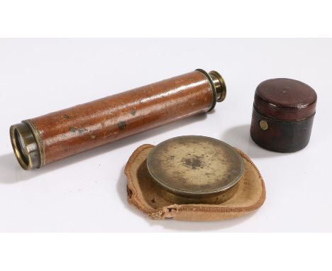 19th Century brass pocket compass, with a circular case enclosing the compass dial, together with a two draw telescope and a 