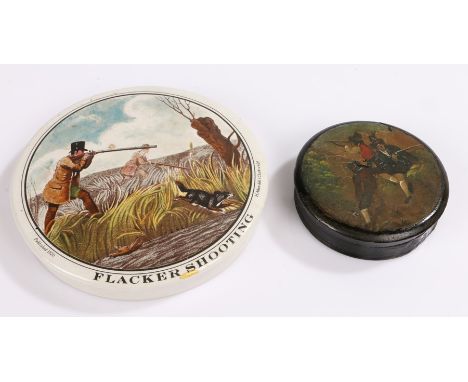 19th Century Austrian papier mache circular snuff box, decorated with three men in Alpine costume with guns. 6.5cm diameter, 