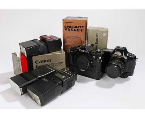 Canon A1 camera body with Canon Power Winder, Canon T90 camera body, Canon 300tl flash in original box, Canon Command Back 90