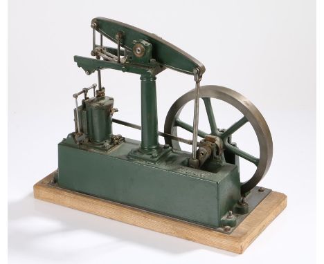 Stuart live steam single cylinder beam engine, in green livery on an oak base, 33cm long