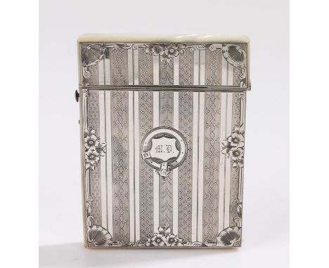 19th Century silver and mother of pearl card case, with an engine turned silver front and mother of pearl case back