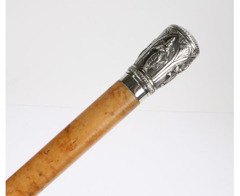 Indian white metal and Malacca walking stick, the cap embossed with depictions of deities 93cm