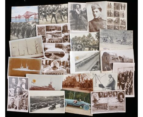 Collection of Military, shipping and racing related photographic postcards, to include The German Air Raid on Great Yarmouth 