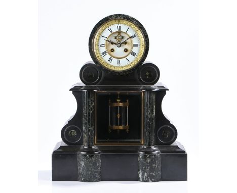 Victorian black slate and marble mantel clock, the drum top above roundels and a show mercury pendulum drop raised on a plint