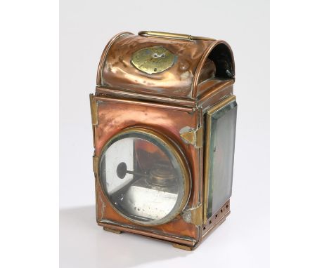 Copper and brass lamp, possibly a fire engine lamp by Merryweather &amp; Son fire engine makers, with rubbed makers plate eng