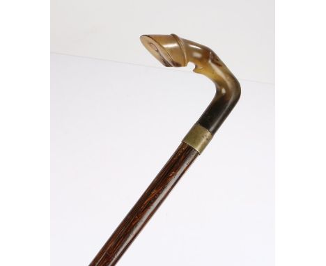 Horn handled walking stick, the grip carved as a horses hoof, 89cm high