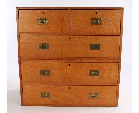 Victorian light oak campaign chest of two short and three long drawers, with recessed brass drawer handles 91.5cm x 50cm x 91
