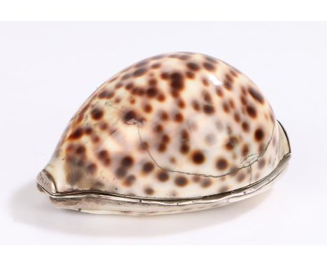 19th Century white metal mounted cowrie shell snuff box, dated to one end 1821 and the opposing end From B Milne to his Fathe