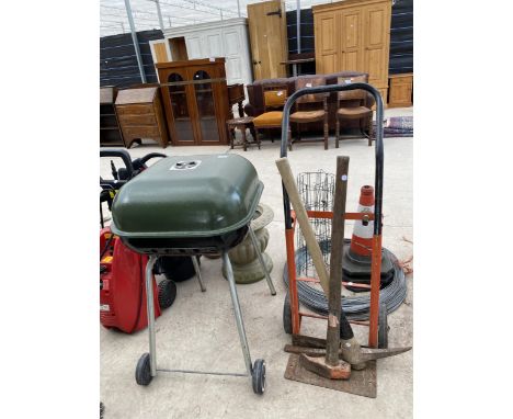 FOUR ITEMS A BBQ, SACK TRUCK, PICK AXE AND A SPLITTING AXE 