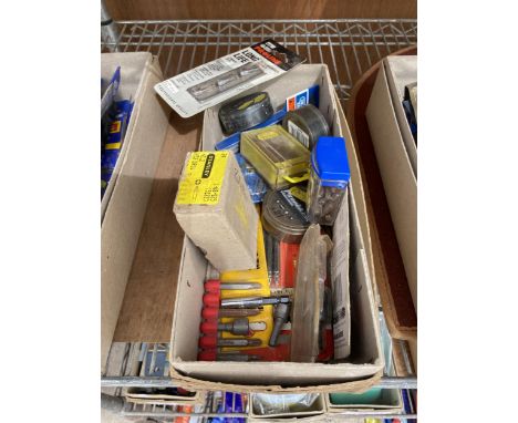A BOX OF ASSORTED NEW OLD STOCK TOOL ITEMS ETC 