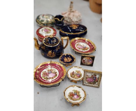 A COLLECTION OF MINIATURE LIMOGES TO INCLUDE TRINKET BOXES, PLATES, A TEAPOT, ETC PLUS A DRESDEN LADY IN A CRINOLINE DRESS 