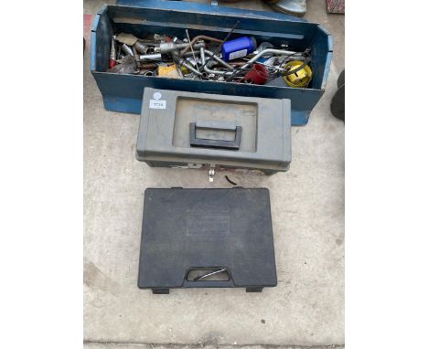 THREE TOOL BOXES OF ASSORTED TOOLS, SPANNER SET ETC 