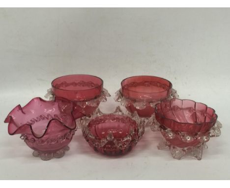 A GROUP OF FIVE VINTAGE CRANBERRY GLASS BOWLS 
