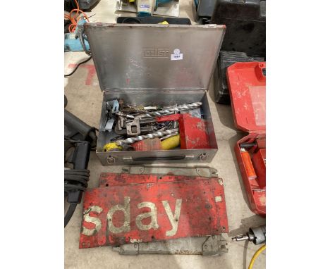 A BOX OF ASSORTED TOOLS, DRILL BITS AND THURSDAY SIGN 