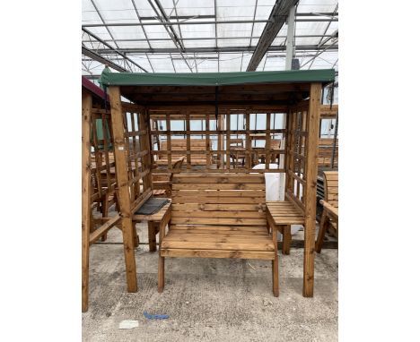 AN AS NEW EX DISPLAY CHARLES TAYLOR TWO SEATER GARDEN BENCH WITH CANOPY AND ARMREST SIDE TABLES *PLEASE NOTE VAT TO BE CHARGE