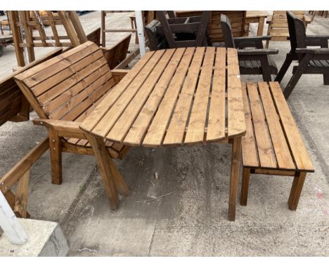 AN AS NEW EX DISPLAY CHARLES TAYLOR TWO SEATER BENCH, LARGE OVAL TABLE AND A FURTHER BENCH *PLEASE NOTE VAT TO BE CHARGED ON 