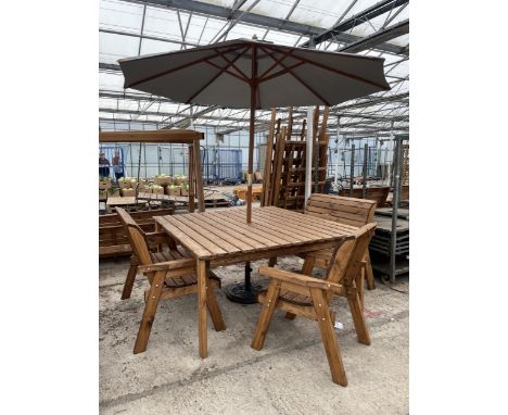 AN AS NEW EX DISPLAY CHARLES TAYLOR PATIO FURNITURE SET COMPRISING OF A LARGE SQUARE TABLE,A SINGLE CHAIR AND A PAIR OF TWO S