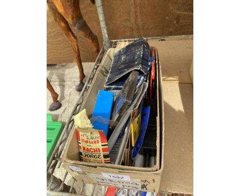 A BOX OF ASSORTED NEW OLD STOCK TOOL ITEMS ETC 