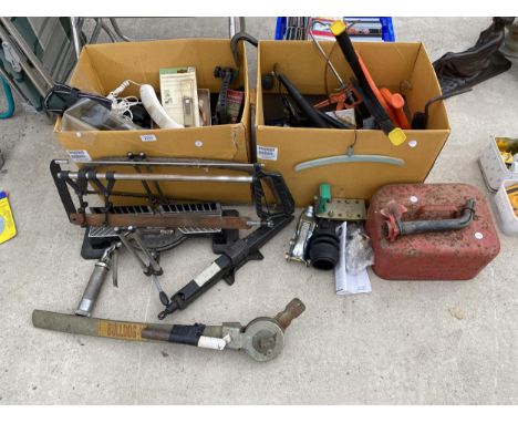 TWO BOXES OF TOOLS AND HARDWARE TO INCLUDE PETROL CAN, TOW HITCH, JACKS, ETC 
