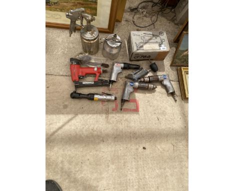 A COLLECTION OF VINTAGE DRILLS , SPRAYERS, AIR SANDER ETC 