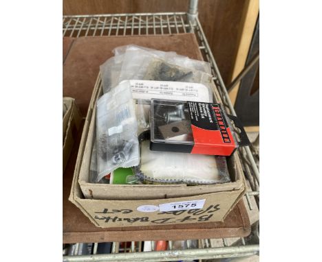 A BOX OF ASSORTED NEW OLD STOCK TOOL ITEMS ETC 