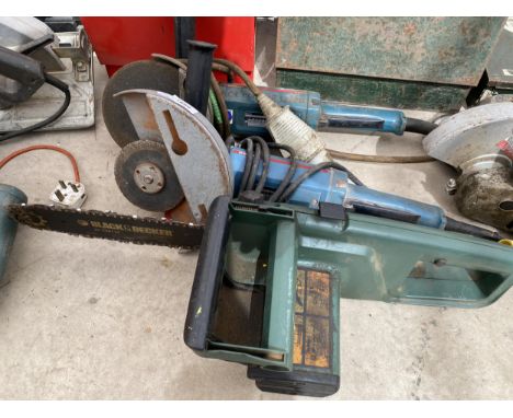 THREE ASSORTED ITEMS, BLACK AND DECKER CHAINSAW AND GRINDERS 