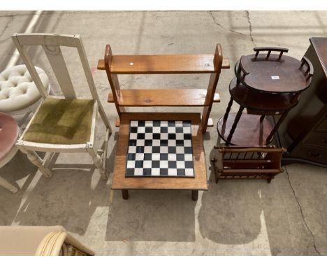 A MODERN MAGAZINE RACK, TELEPHONE TABLE, LOW GAMES TABLE, PINE WALL SHELF AND PAINTED DINING CHAIR 