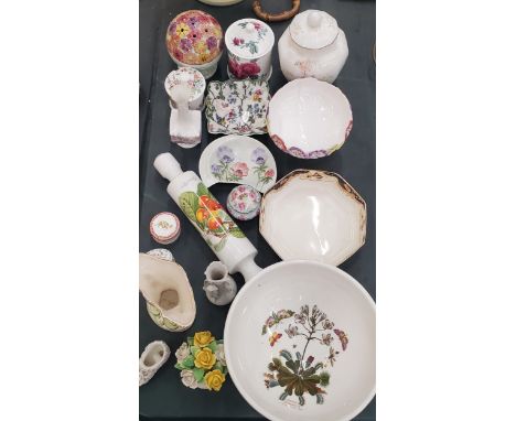 A LARGE QUANTITY OF CERAMICS TO INCLUDE A PORTMEIRION BOWL, CERAMIC ROLLING PIN, STORGE JARS, VASES, TRINKET DISHES, BOWLS, E