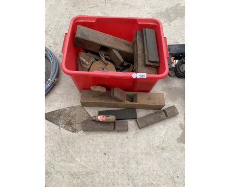 A BOX OF VINTAGE WOODEN PLANES ETC 