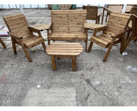 AN AS NEW EX DISPLAY CHARLES TAYLOR PATIO FURNITURE SET COMPRISING OF A TWO SEATER BENCH, TWO CHAIRS, A COFFEE TABLE AND TWO 