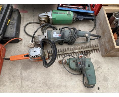 FOUR ASSORTED POWER TOOLS - BOSCH DRILL, BLACK AND DECKER HEDGE TRIMMER &amp; HITACHI 