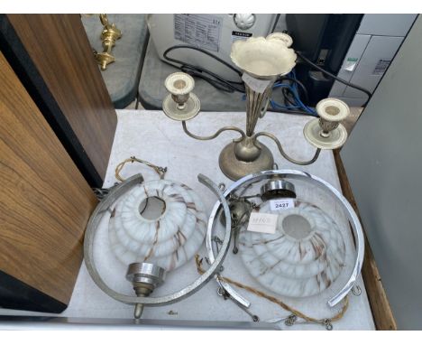 TWO VINTAGE LAMP SHADES WALL LIGHTS AND CANDLE HOLDER 