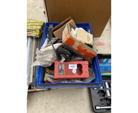 A MIXED LOT OF TOOL SPARES, HILTI BATTERY CHARGER ETC 