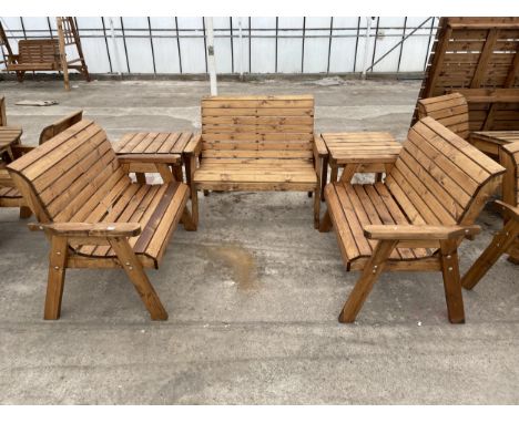 AN AS NEW EX DISPLAY CHARLES TAYLOR PATIO FURNITURE SET COMPRISING OF THREE TWO SEATER BENCHES, AND TWO SIDE TABLES *PLEASE N