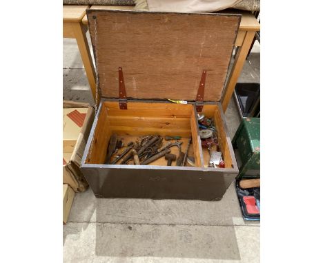A WOODEN TOOL CHEST AND TOOLS 