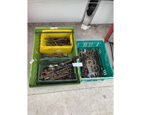TWO BOXES OF HAND TOOLS TO INCLUDE SPANNERS, ETC 