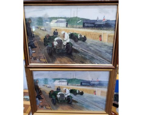 A WATERCOLOUR AND A PRINT OF VINTAGE RACING CARS ON A TRACK, SIGNED AND FRAMED 