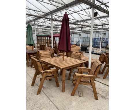 AN AS NEW EX DISPLAY CHARLES TAYLOR PATIO SET COMPRISING OF A SQUARE TABLE AND FOUR CHAIRS AND A PARASOL *PLEASE NOTE VAT TO 