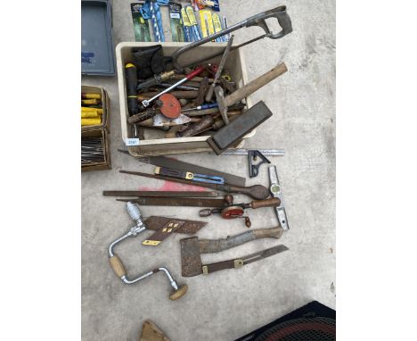 A BOX OF ASSORTED HAND TOOLS TO INCLUDE, FILES, AXE, SPIRIT LEVEL, ETC 