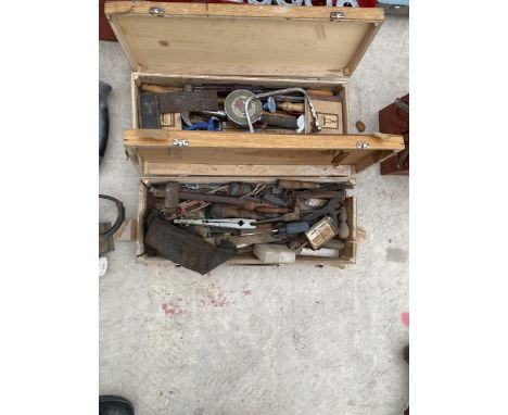 TWO WOODEN TOOL BOXES, COMPLETE WITH VARIOUS CARPENTERS TOOLS 