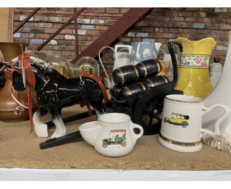 A VINTAGE CERAMIC SHIRE HORSE AND CART ANIMAL FIGURE, AND MOTOR RELATED MUGS 